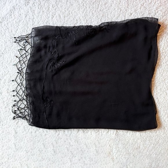 Sheer Black Beaded Fringe Chiffon Sarong Wrap Handmade - Picture 3 of 8